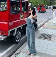 デニム サスペンダー ワイドパンツ S