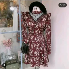希少性 フラワー シースルー フリル バーガンディ ワイン ONE PIECE