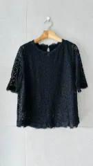 ブラック刺繍シースルー 7分袖Tシャツ