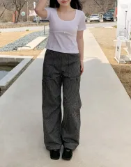 ストライプ コットン ワイド パンツ (2XL)
