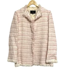 美品 LANVIN COLLECTION ランバンコレクション ラメツイード ノーカラーロングジャケット コート サイズ38 ピンク ホワイト レディース 古着 中古 USEDのサムネイル