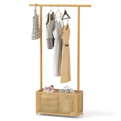 人気商品 竹製 洋服ラック スリム 収納バスケット付き ハンガーラック