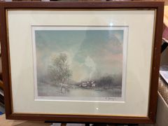 大沢康之「サイロのある風景」油彩画 冬景色 雪景色 額装 真作 #363