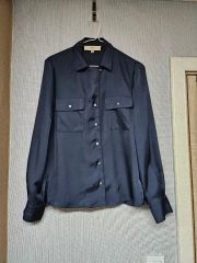 極美品 ROSSO35 シルク94% シルクサテン長袖シャツブラウス ネイビー 