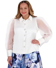 ミューズ レディース トップス シャツ プラスサイズ ブラウス Muse Plus Size BowTrim BishopSleeve Blouse IvyWhite ホワイトのサムネイル
