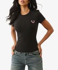 トゥルーレリジョン レディース トップス シャツ クルーネック True Religion Womens Crystal Crew Neck TShirt Jet Black ブラックのサムネイル