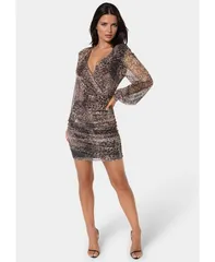 ベベ レディース トップス ワンピース ミニワンピース ギャザー ミニ Bebe Womens Long Sleeve Faux Wrap Ruched Mini Dress Leopard アニマル