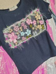 アンティーク シルクハンカチ 蝶と花のエンブロイダリー 薔薇 芍薬