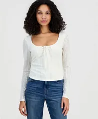 【送料無料】 マッデンガール レディース シャツ トップス Juniors Lace Textured LongSleeve Top Egret