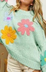 ミント色 花 刺繍 ニット セーター