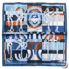 【未使用】HERMES エルメス スカーフ カレ45 ガヴロッシュ Della Cavalleria Finesse デッラ・カヴァレリア・フィネス 892813S 15 シルク ブルー ブラウン【中古】