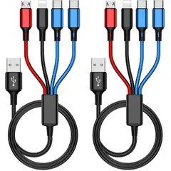 usb 充電ケーブル 4in1 (デュアルUSB C 2本入) 携帯電話、タブレット、イヤホン、その他のデバイスを充電するためのマルチ充電ケーブル (非急速充電) ナイロン編組 3in1 USB ケーブル 1