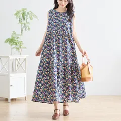 【新入荷】【新品】【未使用】【送料込】 TRUBE ノースリーブ小花柄コットンワンピース【M~L】ネイビー