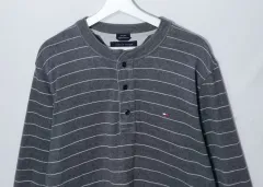 M (95) トミーヒルフィガー グレー ストライプ ハーフボタン 長袖Tシャツ