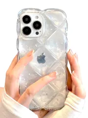 saymi's キルティング クリア おしゃれ 韓国 iPhone15用 ケース きらきら ぷっくり 衝撃吸収 クッションデザイン 立体 シルバー 持ちやすい 透明 可愛い 推し活 (iPhone15用)
