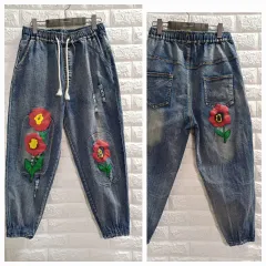 Lレッド花 デニム ウエストゴム