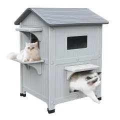 屋外用猫ハウス 耐候性プラスチック製 猫小屋（脱出用ドア付き）2階建て 屋内防水 野生猫/飼い猫用シェルター複数匹対応 屋外設置用 グレーのサムネイル