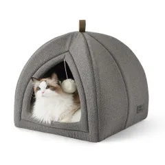 MOFU LAB 猫ハウス キャットハウス 猫ベッドドーム 2way 折りたたみ 取り外し可能なクッション付き 滑り止め底 収納簡単 持ち運び便利 小型犬/猫/小動物用 (グレー, 44x44x44cm)