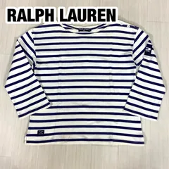 希少☆POLO SPORT  RALPH LAUREN ポロスポーツ ボーダー ボートネック 七分袖カットソー ロングスリーブシャツ L  ホワイト&ネイビー スリーブロゴ インパクト21 着丈54cm 肩幅49cm 身幅(脇下)47cm 袖丈43cm【古着】