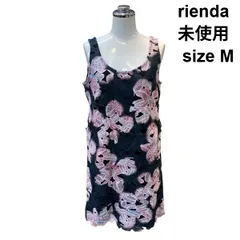 □ 未使用 リエンダ rienda ミニワンピース ノースリーブ オーバルネック 花柄レース チュニック タグ付 黒ピンク M 9号 レディース Z6C705