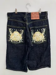 EVISU エヴィス デニムパンツ ネイビー ハーフ・ひざ丈 無地 ワンポイント 刺繍 ワイド・ルーズ レギュラー リジッド・ワンウォッシュ