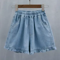 88-99 ラブリーかわいい オーバーサイズ ウエストゴム フリル デニムハーフパンツ キュロット リゾートスタイル