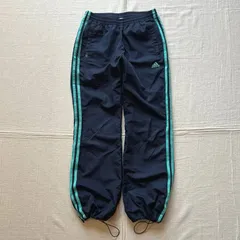 00s　archive　old adidas　オールドアディダス　パフォーマンスロゴ刺繍　3 stripes　サイドライン　微フレアシルエット　ナイロン系　光沢感　トラックパンツ　裾ドローコード　ネイビー×ターコイズブルー　S　テック　Y2K　C-BOY　平成