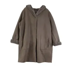 F3854 ZARA レディース Lサイズ ライトブラウン フード ムートン コート/ダーク