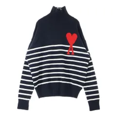 AMI Alexandre Mattiussi (アミアレクサンドルマテュッシ) Heart Striped Roll Neck Knit Sweater ハートロゴ ボーダーハイネックニットセーター ブラック UKS404.018のサムネイル