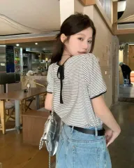 ストライプ カジュアル パフ スリーブ Tシャツ