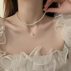 ネックレス レディース 2連 パール チョーカー ゴールド シンプル 上品 韓国風 レイヤード 重ね付け 小粒パール 可愛い フェミニン デート お出かけ コーデ映え 高見え 人気 アクセサリー