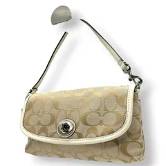未使用級 コーチ COACH アクセサリーポーチ ハンドバッグ シグネチャー キャンバス レザー ベージュ ホワイト 白 ターンロック ミニバッグ 小物入れ パーティー フォーマル レディース サブバッグ 美品 鞄 カバン クラシック エレガント s84