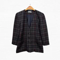日本 ヴィンテージ ウール100 レトロ ノーカラー CHECK ジャケット