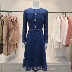 セルフポートレイト ワンピース ギピュール レース プリーツ 紺 UK8