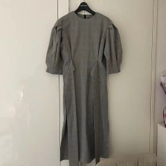 着物リメイク 大島紬から後ろボタンのパフスリーブワンピース(L~LL