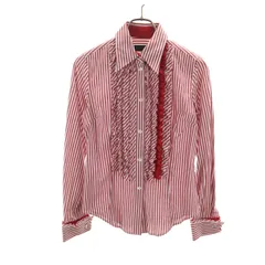 Paul Smith BLACK ポールスミス ブラック ストライプ柄 長袖 フリル コットンシャツ 40 レッド レディース 古着のサムネイル