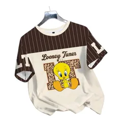 LOONEY TUNES TWEETY & Bugs Bunny　トゥイーティー　Tシャツ　バッグスバニー　半袖　茶色　ブラウン　ヒョウ柄　レッスン着　ダンスレッスン着　ルームウェア　部屋着　可愛い　アメコミ　キャラクター　レトロ　ギフト　プレゼント　海外製品のサムネイル