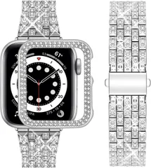 [wutwuk] for Apple Watch バンド キラキラ 46mm 保護ケース付き Apple Watch 11/10対応 ジュエリー メタル製 アップルウォッチバンド 交換ベルト レディース ラメ ダイヤモンド appleウォッチ シルバー