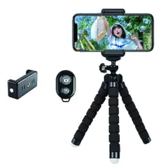 スマホ 三脚 スマホスタンド 三脚 スマホ くねくねスタンド 360度回転雲台 ワイヤレスリモコン＆スマホクリップ付き 自撮り三脚、柔軟、小型軽量 調整 固定 撮影 ワイヤレス 持ち運び 雲台 (ブラック)