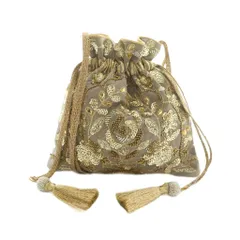 ヌキテパ NE QUITTEZ PAS! Embroidery Drawstring Shoulder Bag ショルダーバッグ 巾着 ビーズ装飾 グレージュ ゴールドカラー /MI ■OSのサムネイル