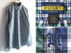 廃盤 希少 RALPH LAUREN RUGBY ラルフローレン ラグビー ロゴ刺繍 コットン チェックシャツ BDシャツ M ブルー グリーン