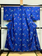 単衣＊紬小紋 蝶々模様 青紫色 カジュアル 正絹 普段着物 5TA10 超絶キュートな蝶々の単衣銘仙 【決算セール開催中！対象商品50%OFF