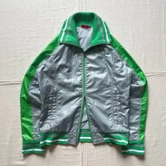 希少　00s　archive　アーカイブ古着　PUMA　プーマ　トラックジャケット　ハイネックジャージ　Wジップアップ　両面ピューマロゴ刺繍　光沢感　シャカシャカ生地　メタリックシルバー×グリーン　袖ライン　M　一点物　Y2K　Y3K　C-BOY　ストリート
