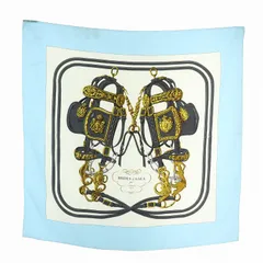 エルメス HERMES カレ90 ブリッド ドゥ ガラ BRIDES de GALA スカーフ 絹 シルク 式典用馬勒 総柄 ロゴ 青 ブルー 白 ホワイト /XZ ■OH ■GY19