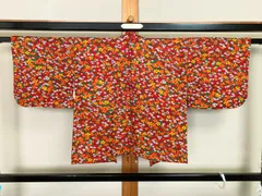 261B【アンティーク着物】羽織 小紋  紐付き 赤 橙 総花柄 華やか リメイク素材にも