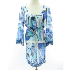 エミリオプッチ EMILIO PUCCI 美品 金釦 チュニック シャツ ブラウス プッチ柄 総柄 シルク混 青 ブルー 38 約Mのサムネイル