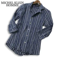 MICHEL KLEIN HOMME ミッシェルクラン オム 春夏★ 七分袖 スリム ストライプ シャツ Sz.44 メンズ 紺 ネイビー