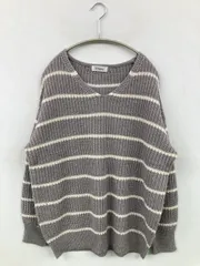 NAVY ネイビー ニット/セーター L グレー ボーダー柄 ミドル丈 長袖 Vネック