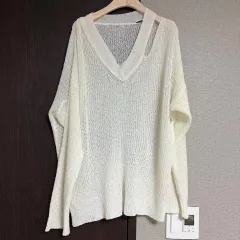 フリー レディース ショルダー スリット Vネック ニット/白
