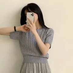 ライトブルー ケーブル編み 半袖 ニット
